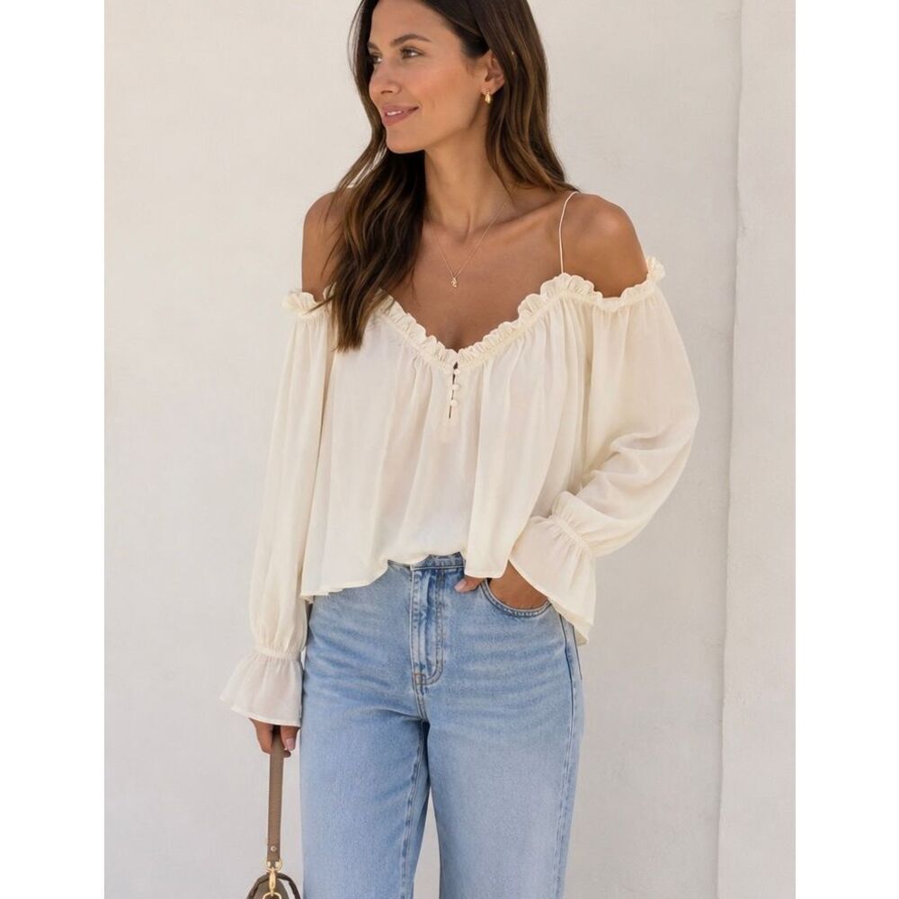 NWT Leith Nordstrom Off The Shoulder Long Sleeve Flowy Ivory Top Small